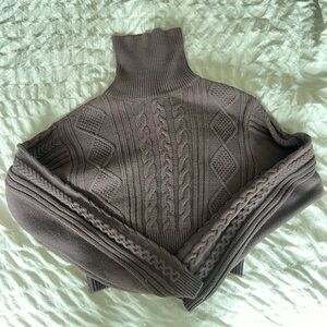 Cropped Brown Cable Knit Turtleneck Sweater